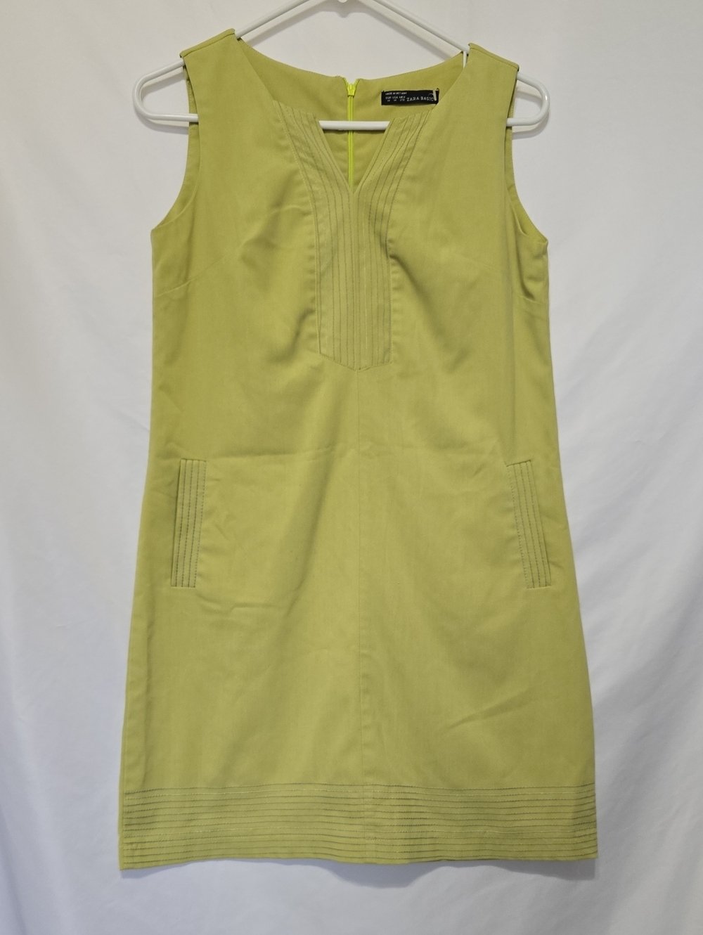 Zara Chartreuse Lime Green Pleated V-Neck Shift Dress with Pockets Size M